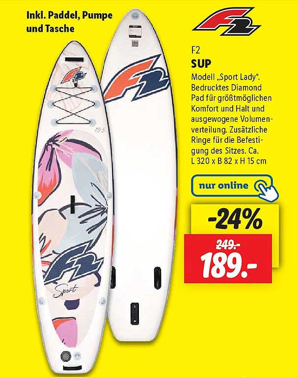 F2 SUP Modell „Sport Lady“ inkl. Paddel, Pumpe und Tasche