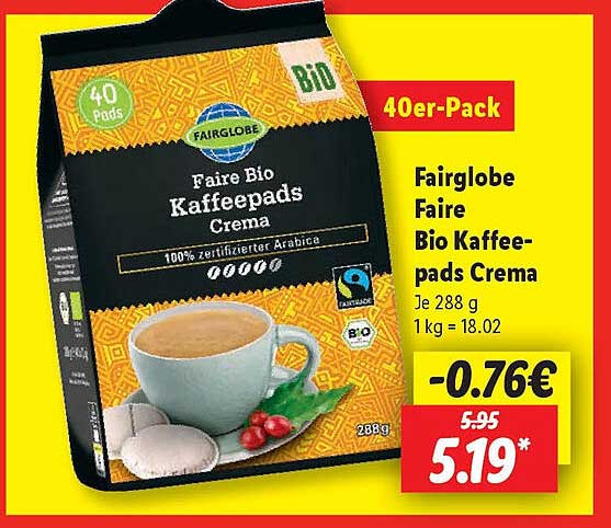 Fairglobe Faire Bio Kaffeepads Crema 40er-Pack