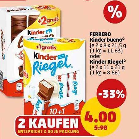 Ferrero Kinder Riegel und Kinder Bueno – 33% Rabatt!