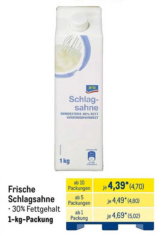 Frische Schlagsahne - 30% Fettgehalt, 1-kg-Packung