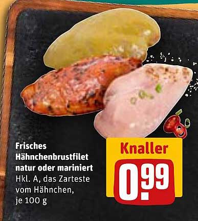 Frisches Hähnchenbrustfilet natur oder mariniert Hkl. A, das Zarteste vom Hähnchen, je 100 g