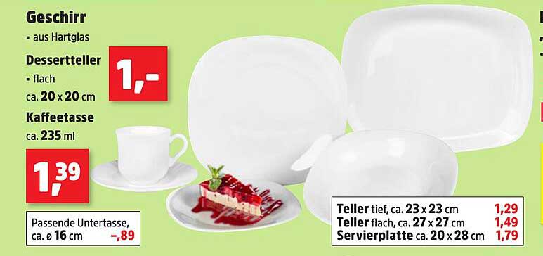 Geschirrset aus Hartglas - Dessertteller, Kaffeetasse und mehr