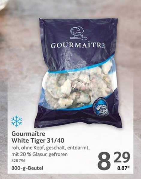 Gourmaître White Tiger 31/40 - Roh, ohne Kopf, geschält, entdarmt, mit 20 % Glasur, gefroren