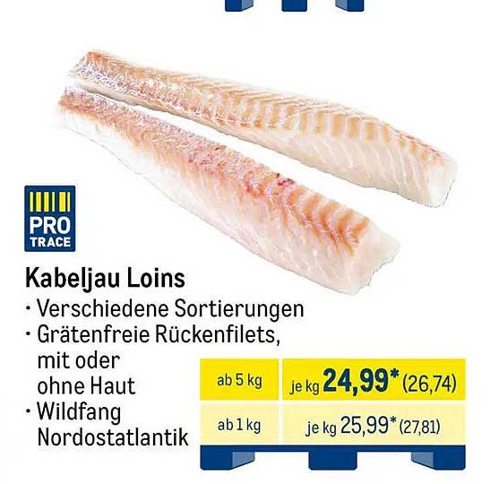 Kabeljau Loins - Grätenfreie Rückenfilets, Wildfang Nordostatlantik