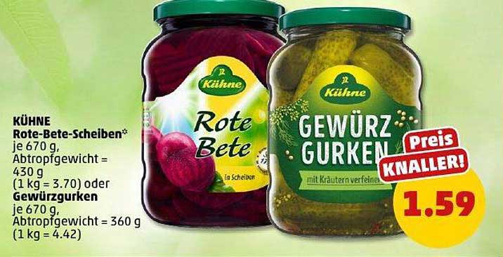 KÜHNE Rote-Bete-Scheiben und Gewürzgurken je 670 g für nur 1,59 €