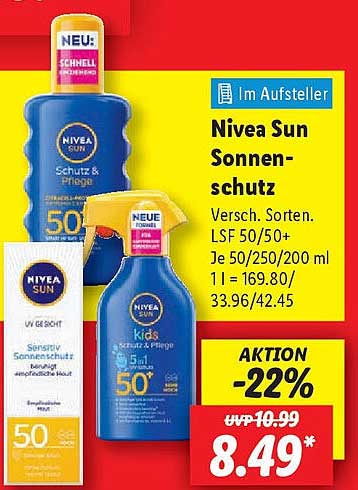 Nivea Sun Sonnenschutz Versch. Sorten. LSF 50/50+