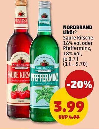NORDBRAND Likör - Saure Kirsche oder Pfefferminze, 18% vol, je 0,7 l