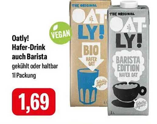 Oatly! Hafer-Drink auch Barista 1L Packung für nur 1,69 €