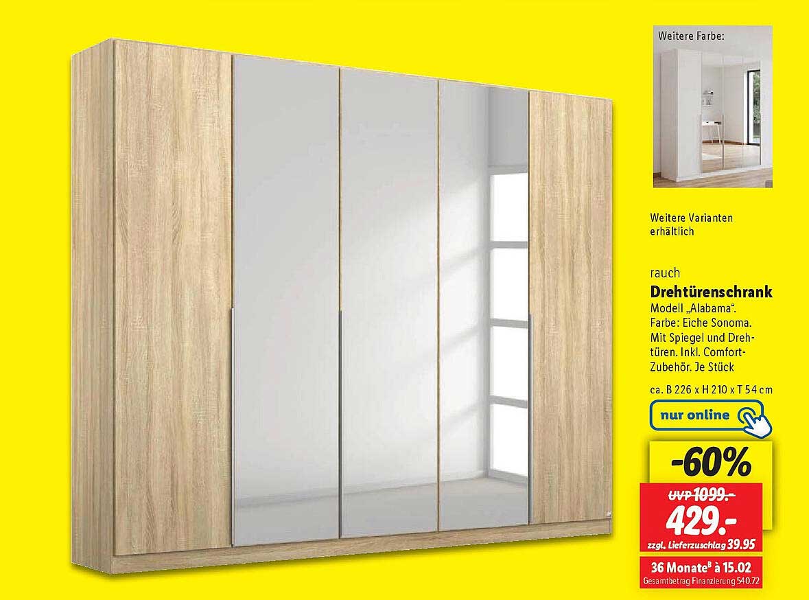 rauch Drehtürenschrank Modell "Alabama" - Eiche Sonoma mit Spiegel - 60% Rabatt