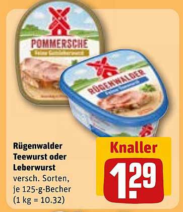 Rügenwalder Teewurst oder Leberwurst, 125-g-Becher für nur 1,29 €