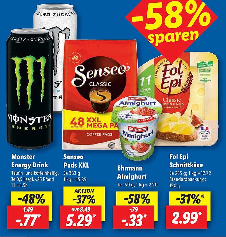 Sensationelle Angebote bei Lidl: Monster Energy Drink, Senseo Pads XXL, Ehrmann Almighurt und Fol Epi Schnittkäse