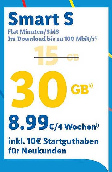 Smart S: 30 GB Flat für nur 8,99€/4 Wochen