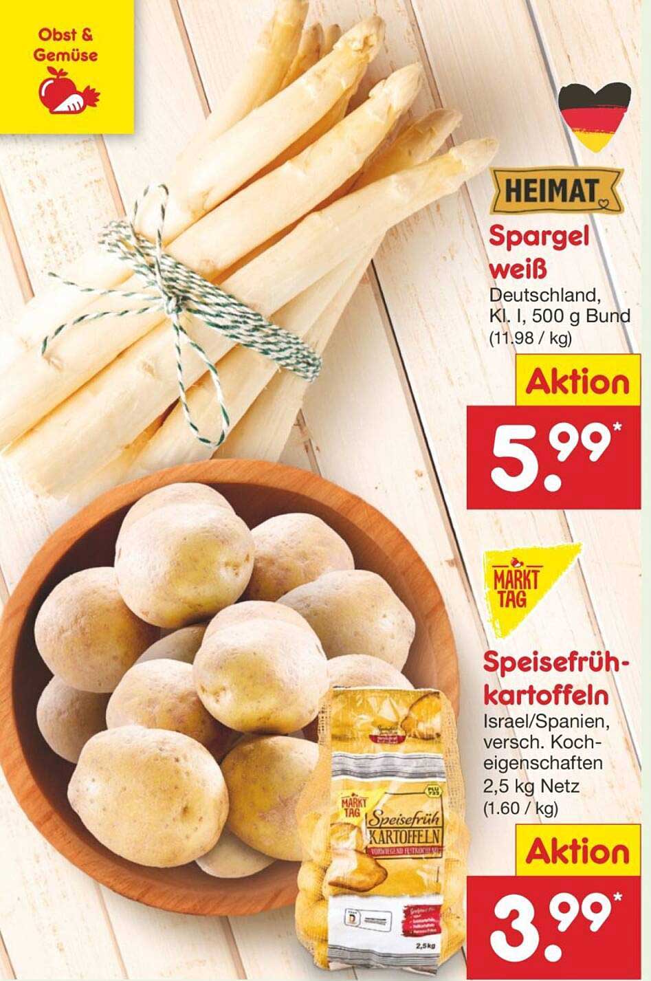 Spargel weiß und Speisefrühkartoffeln im Angebot