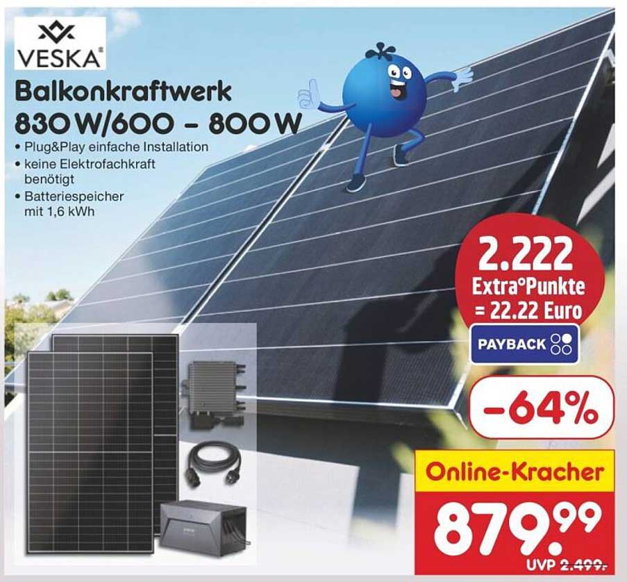 VESKA Balkon-Kraftwerk 830W/600 - 800W