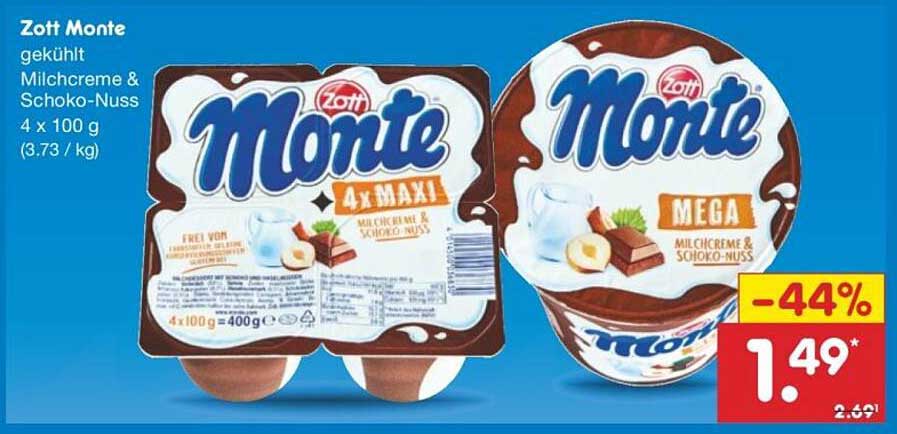 Zott Monte gekühlt Milchcreme & Schoko-Nuss 4 x 100 g