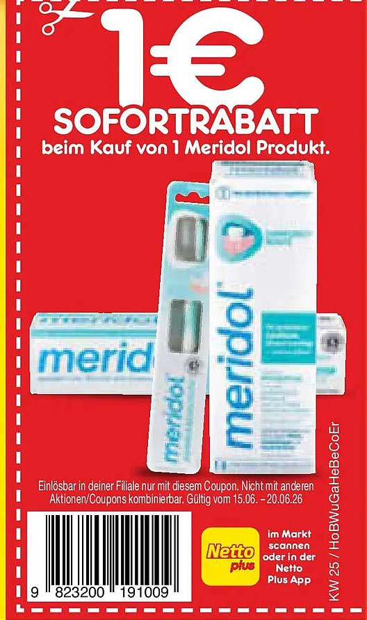 1€ SOFORTRABATT beim Kauf von 1 Meridol Produkt.