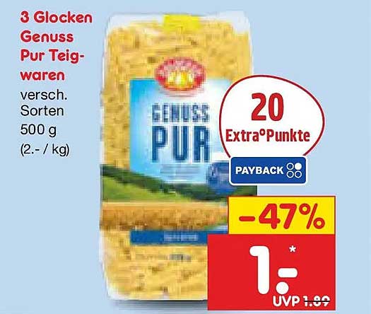 3 Glocken Genuss Pur Teigwaren versch. Sorten 500 g (2.- / kg)