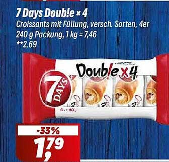 7 Days Double x 4 Croissants mit Füllung, versch. Sorten, 4er 240 g Packung, 1 kg = 7,46