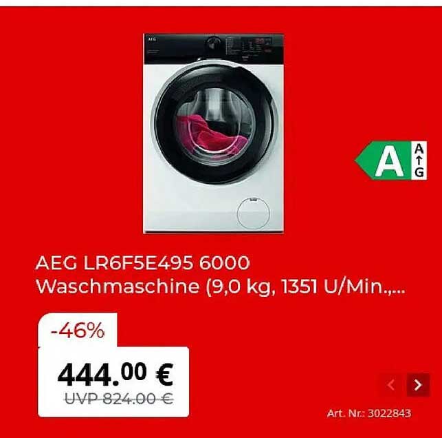 AEG LR6F5E495 6000 Waschmaschine (9,0 kg, 1351 U/Min.,...)