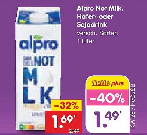 Alpro Not Milk, Hafer- oder Sojadrink