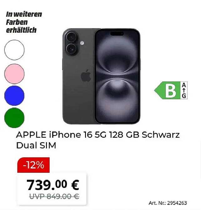 APPLE iPhone 16 5G 128 GB Schwarz Dual SIM