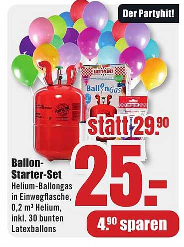 Ballon-Starter-Set Helium-Ballongas in Einwegflasche, 0,2 m³ Helium, inkl. 30 bunten Latexballons