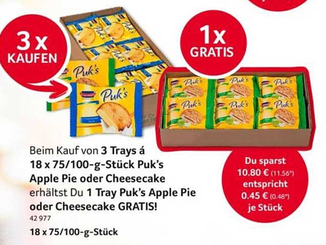 Beim Kauf von 3 Trays à 18 x 75/100-g-Stück Puk’s Apple Pie oder Cheesecake erhältst Du 1 Tray Puk’s Apple Pie oder Cheesecake GRATIS!