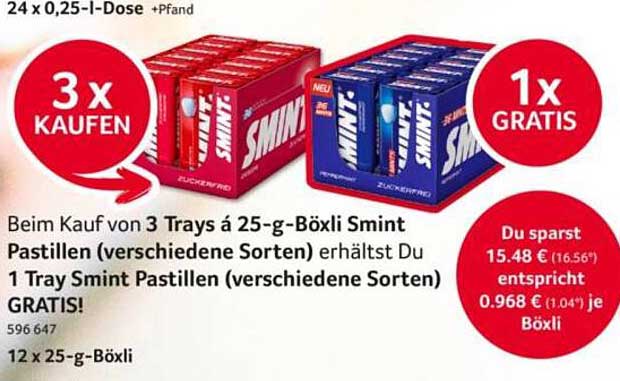 Beim Kauf von 3 Trays á 25-g-Böxli Smint Pastillen (verschiedene Sorten) erhältst Du 1 Tray Smint Pastillen (verschiedene Sorten) GRATIS!