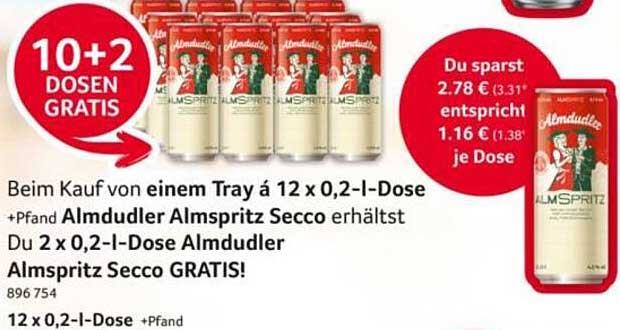 Beim Kauf von einem Tray à 12 x 0,2-l-Dose +Pfand Almdudler Almspritz Secco erhältst Du 2 x 0,2-l-Dose Almdudler Almspritz Secco GRATIS!