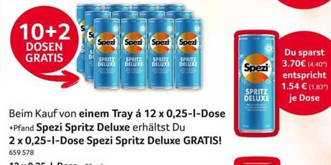 Beim Kauf von einem Tray à 12 x 0,25-l-Dose +Pfand Spezi Spritz Deluxe erhältst Du 2 x 0,25-l-Dose Spezi Spritz Deluxe GRATIS!