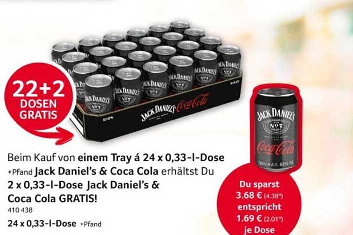 Beim Kauf von einem Tray á 24 x 0,33-l-Dose +Pfand Jack Daniel's & Coca Cola erhältst Du 2 x 0,33-l-Dose Jack Daniel's & Coca Cola GRATIS!