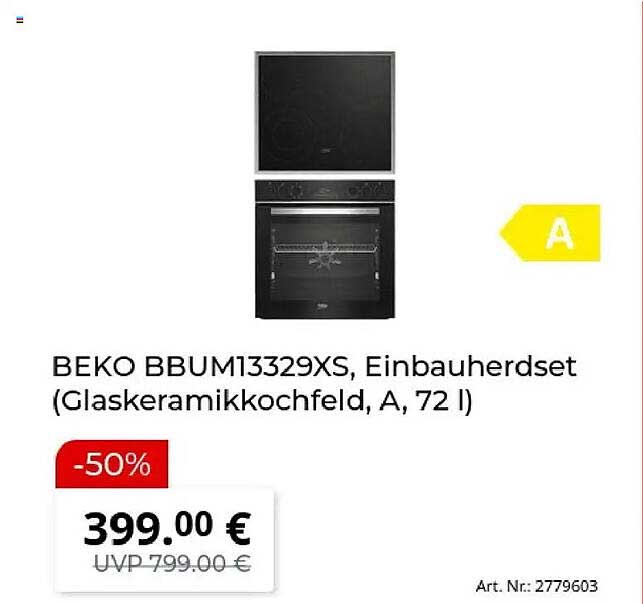 BEKO BBUM13329XS, Einbauherdset (Glaskeramikkochfeld, A, 72 l)