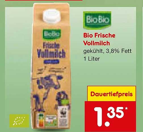 Bio Frische Vollmilch gekühlt, 3,8% Fett 1 Liter