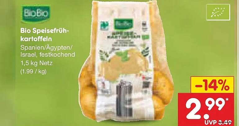 Bio Speisefrühkartoffeln Spanien/Ägypten/Israel, festkochend 1,5 kg Netz