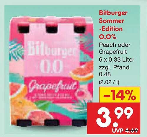 Bitburger Sommer-Edition 0,0% Peach oder Grapefruit 6 x 0,33 Liter zzgl. Pfand 0.48 (2.02 / l)