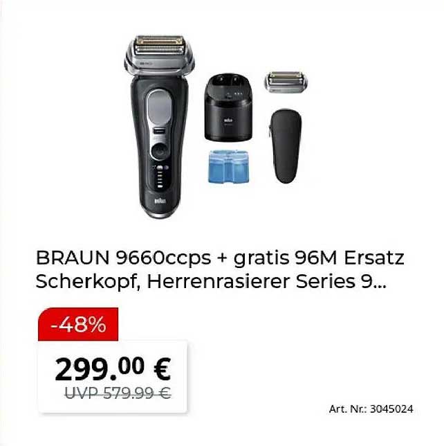 BRAUN 9660ccps + gratis 96M Ersatz Scherkopf, Herrenrasierer Series 9..