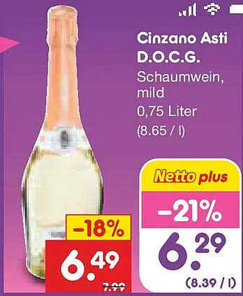 Cinzano Asti D.O.C.G. Schaumwein, mild 0,75 Liter (8.65 / l)
