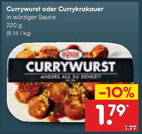 Currywurst oder Currykrakauer in würziger Sauce 220 g (8.14 / kg)