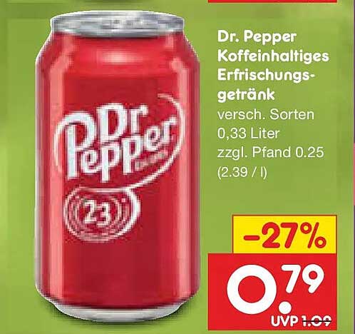 Dr. Pepper Koffeinhaltiges Erfrischungsgetränk versch. Sorten 0,33 Liter zzgl. Pfand 0.25 (2.39 / l)