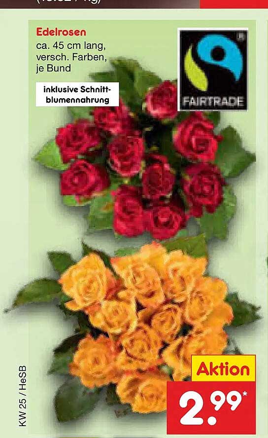 Edelrosen ca. 45 cm lang, versch. Farben, je Bund inklusive Schnittblumennahrung