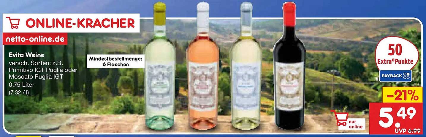 Evita Weine versch. Sorten: z.B. Primitivo IGT Puglia oder Moscato Puglia IGT 0,75 Liter