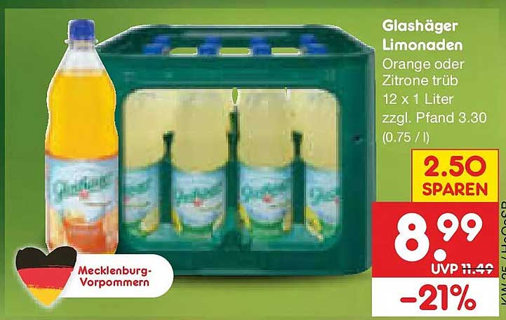 Glashäger Limonaden Orange oder Zitrone trüb 12 x 1 Liter zzgl. Pfand 3.30 (0.75 / l)