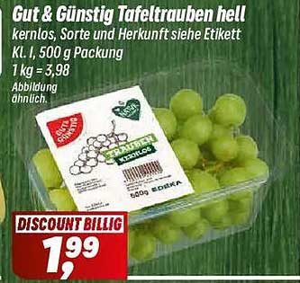 Gut & Günstig Tafeltrauben hell kernlos, Sorte und Herkunft siehe Etikett, Kl. I, 500 g Packung