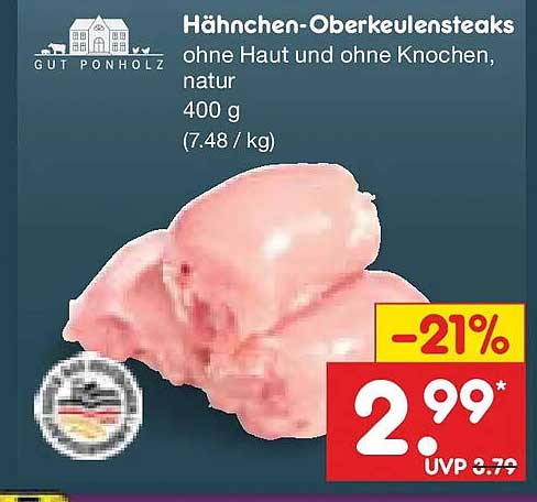 Hähnchen-Oberkeulensteaks ohne Haut und ohne Knochen, natur 400 g (7.48 / kg)