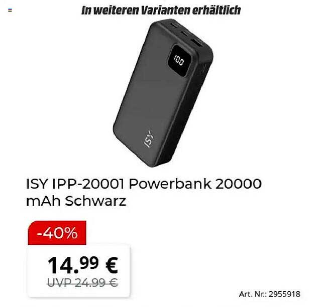ISY IPP-20001 Powerbank 20000 mAh Schwarz