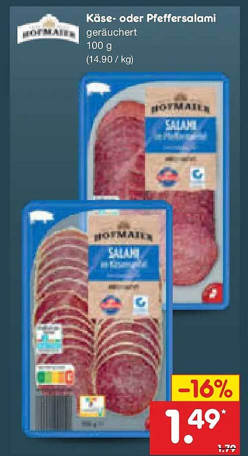 Käse- oder Pfeffersalami geräuchert 100 g (14.90 / kg)