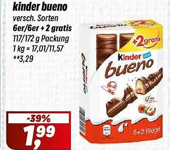 kinder bueno versch. Sorten 6er/6er + 2 gratis 117/172 g Packung
