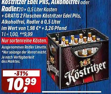 Kostritzer Edel Pils, Alkoholfrei oder Radler 20 x 0,5 Liter Kasten + GRATIS 2 Flaschen Kostritzer Edel Pils, Alkoholfrei, Radler à 0,5 Liter im Wert von 1,98 € + 3,26 Pfand
