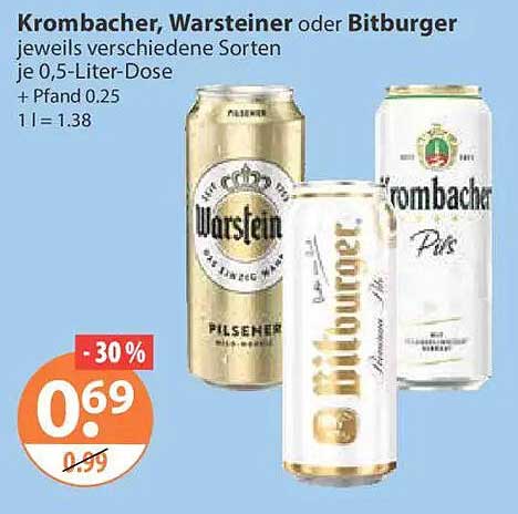 Krombacher, Warsteiner oder Bitburger jeweils verschiedene Sorten je 0,5-Liter-Dose + Pfand 0.25 1 l = 1.38