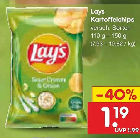 Lays Kartoffelchips versch. Sorten 110 g – 150 g (7.93 – 10.82 / kg)